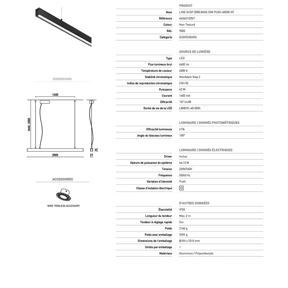 ARKOSLIGHT Suspension noire texturée LINE SUSP 2000 BASE