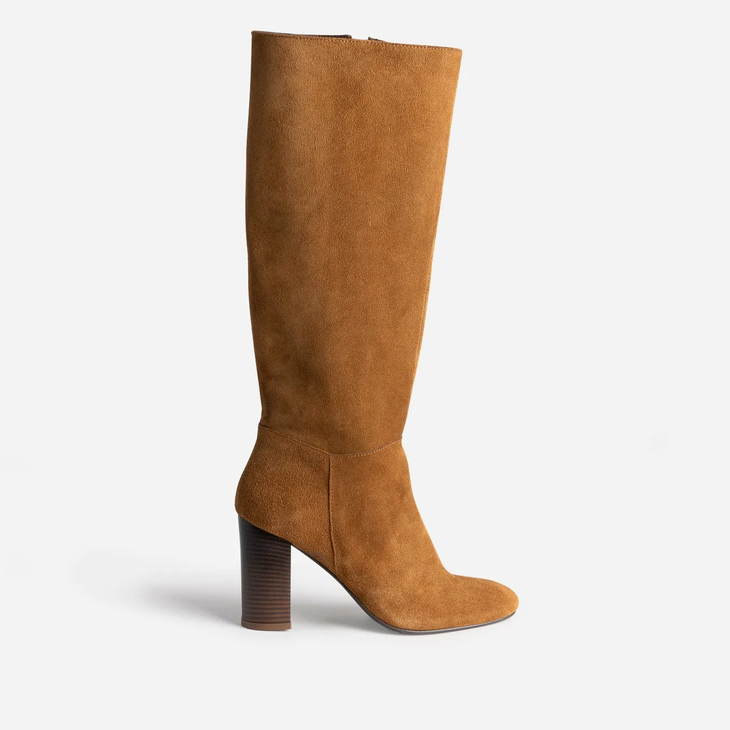 Botte à talon cognac en cuir velours - Bottes Femme | ERAM