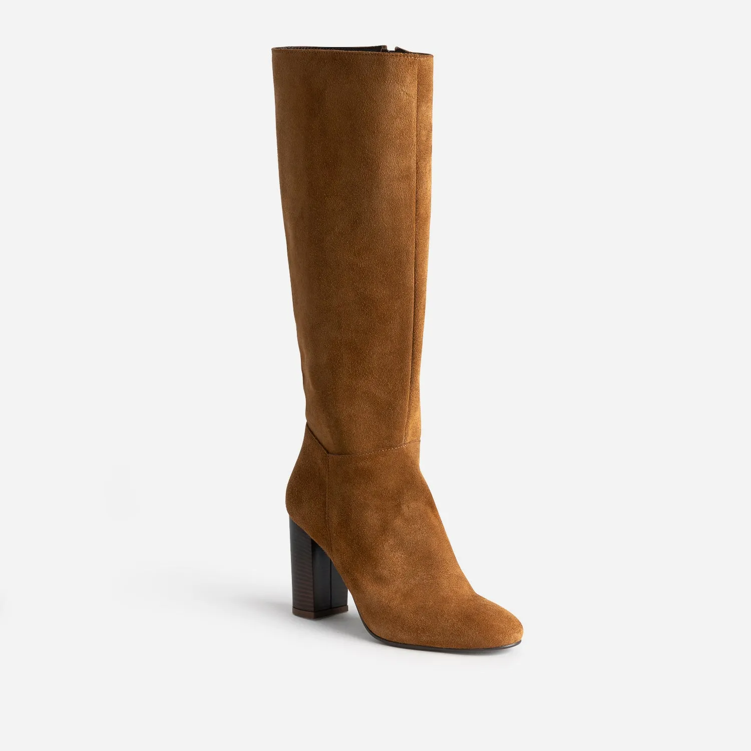 Botte à talon cognac en cuir velours - Bottes Femme | ERAM