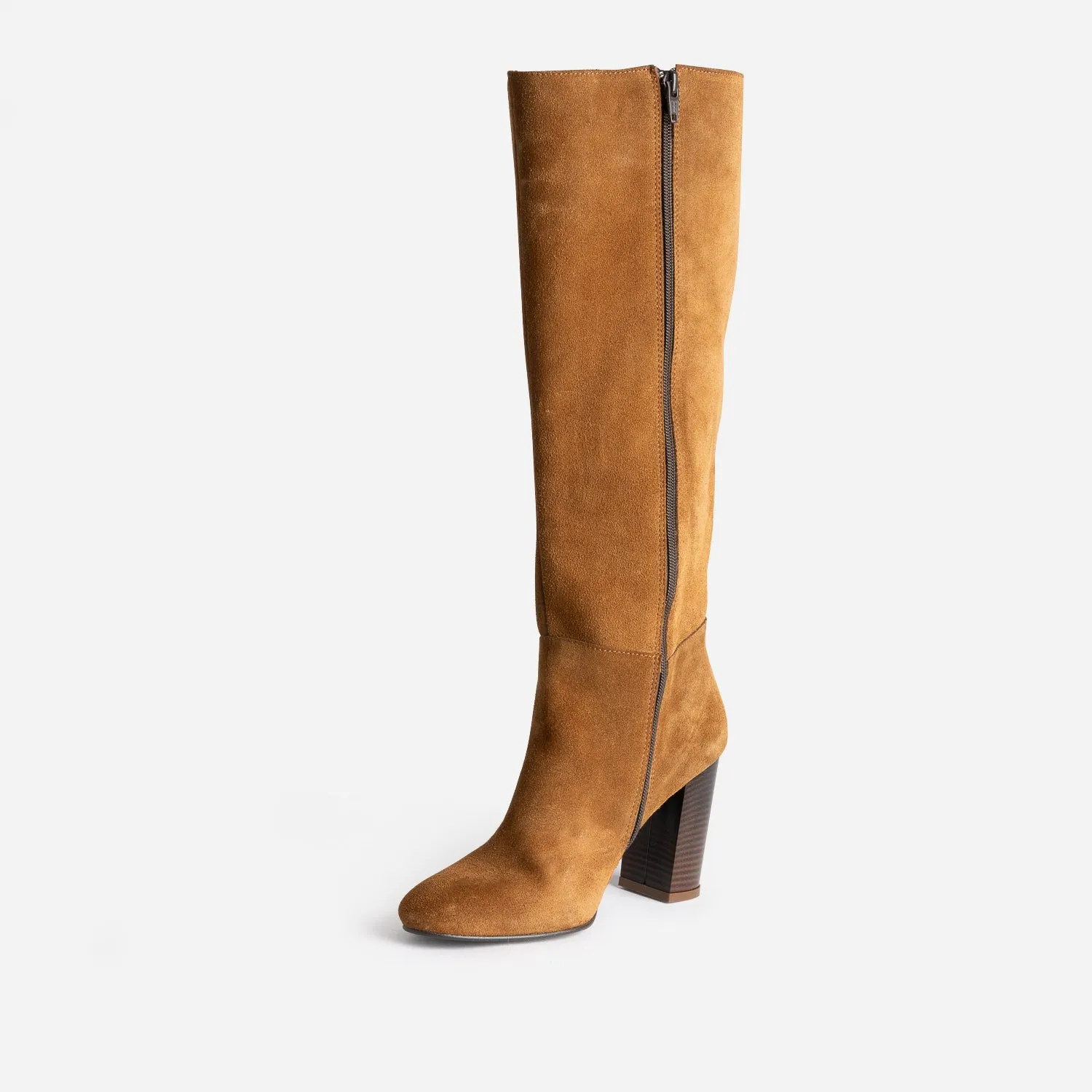 Botte à talon cognac en cuir velours - Bottes Femme | ERAM