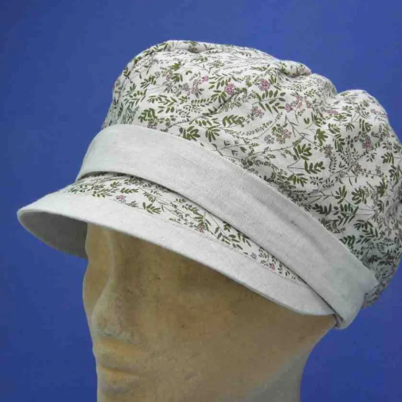 Casquette gavroche à imprimé beige en lin et coton | Casquette femme