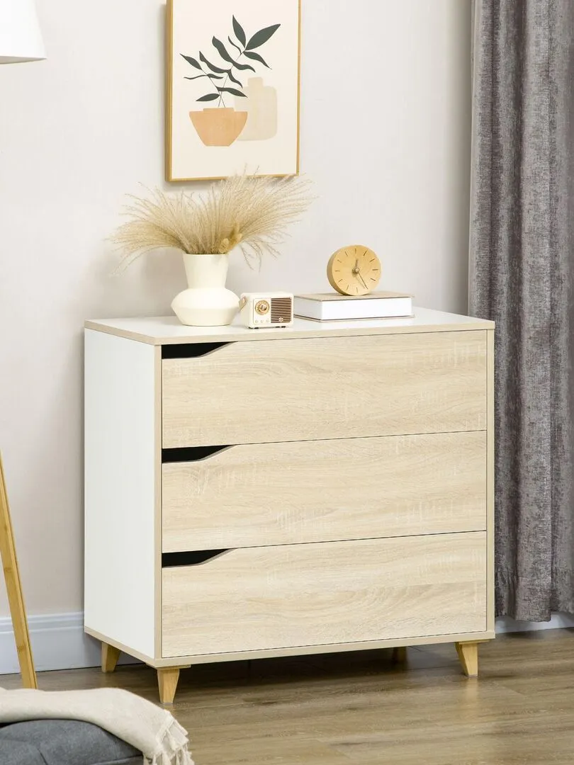 Commode design scandinave 3 tiroirs blanc aspect bois clair - Beige