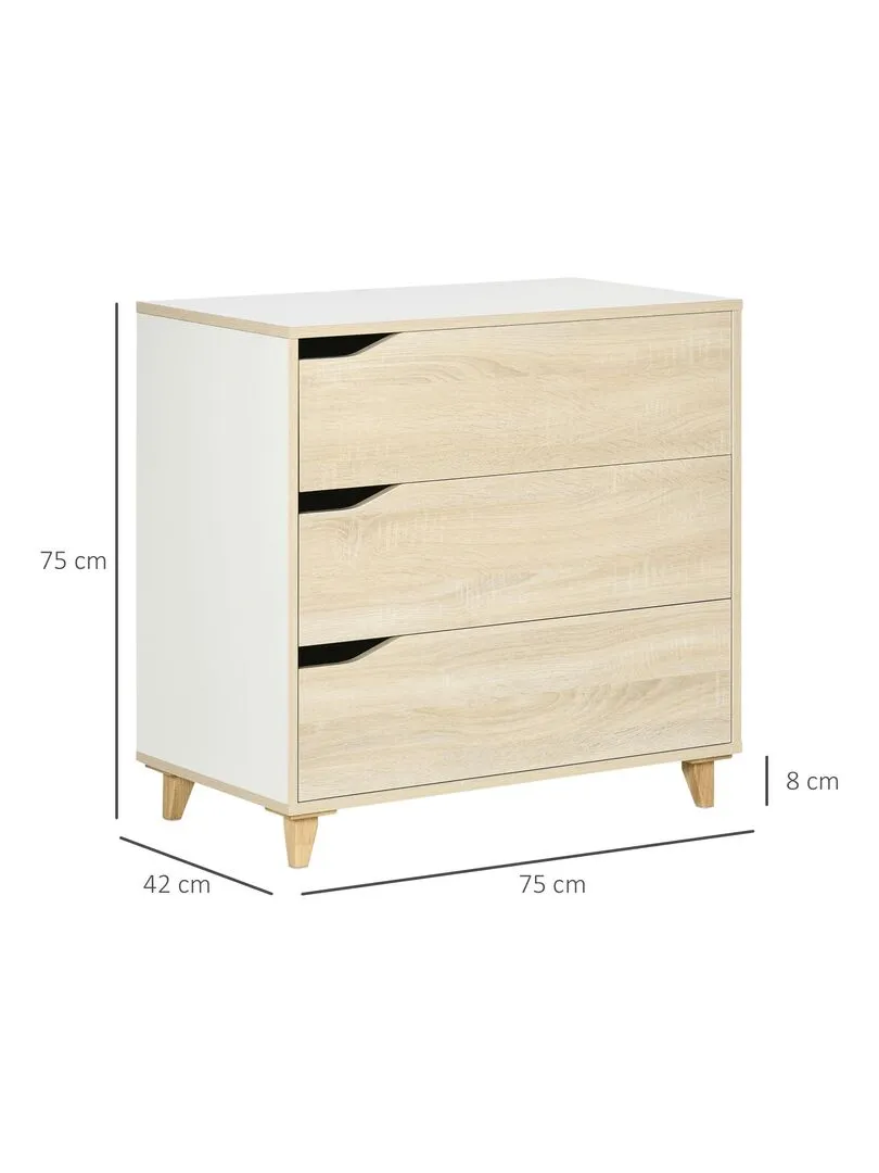 Commode design scandinave 3 tiroirs blanc aspect bois clair - Beige