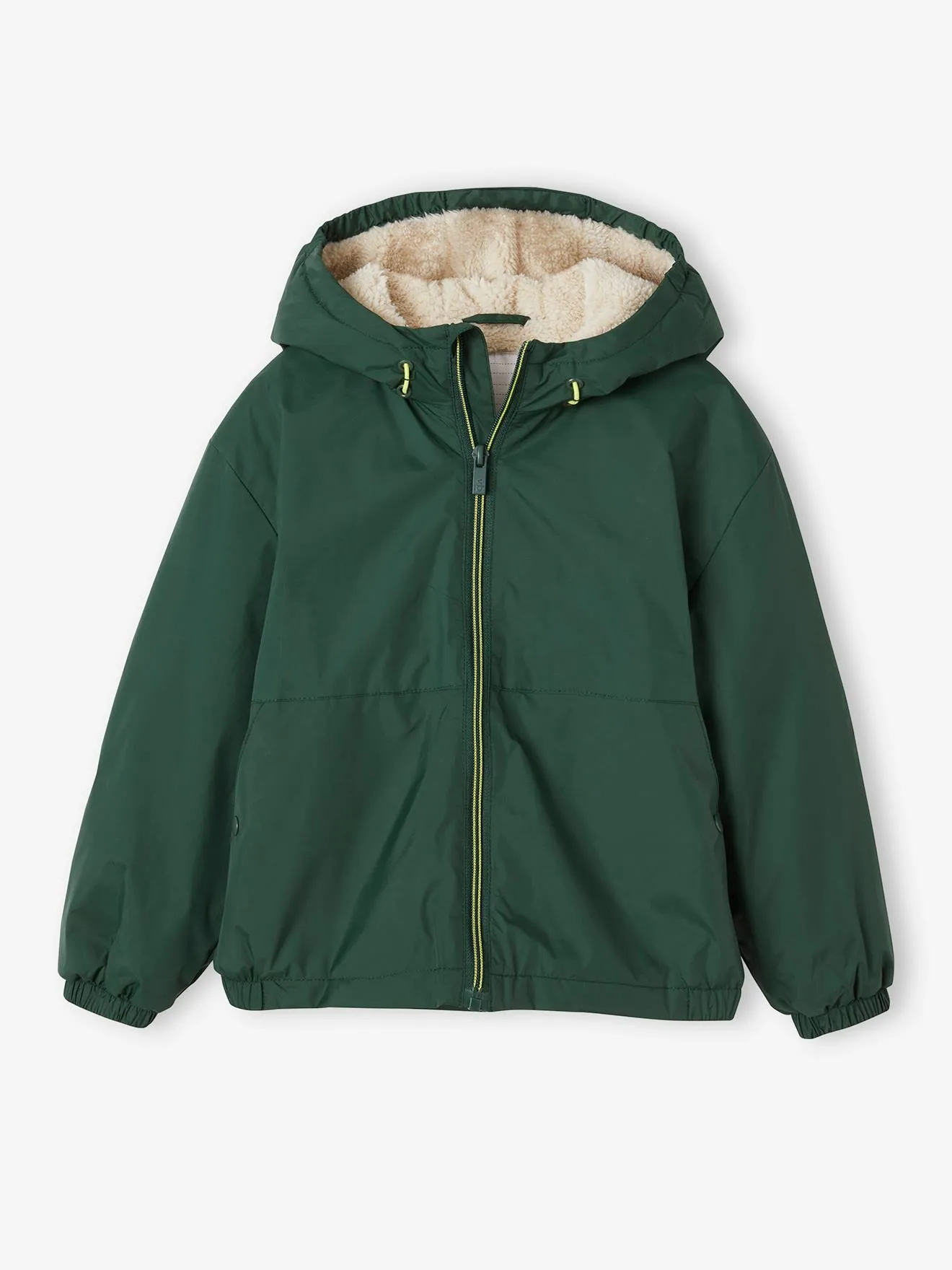 Coupe-vent  à capuche doublé sherpa garçon kaki - Vertbaudet