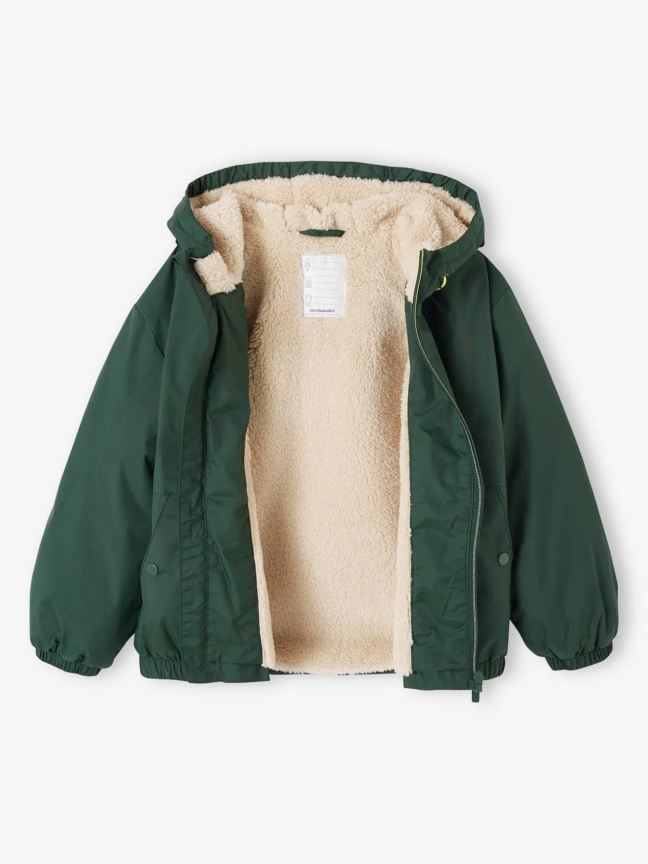 Coupe-vent  à capuche doublé sherpa garçon kaki - Vertbaudet