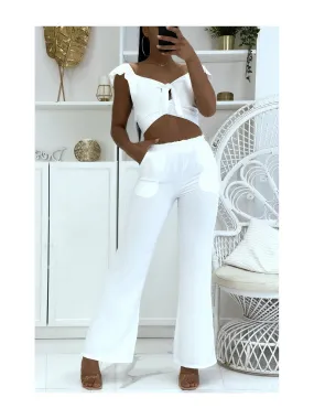 EnWEmble blanc pantalon fluide patte déléphant élastique à la taille et crop top qui se noue au dos