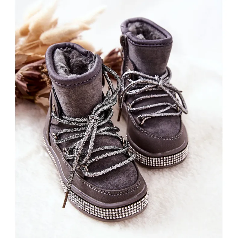 FR1 Bottes De Neige Enfant Grises Avec Cubic Zirconia Wellma