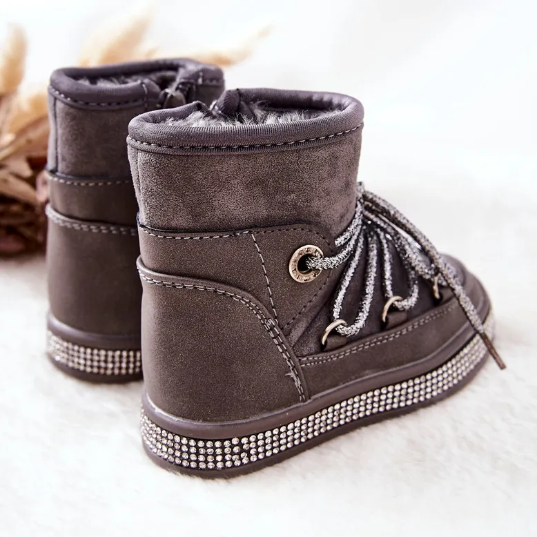 FR1 Bottes De Neige Enfant Grises Avec Cubic Zirconia Wellma