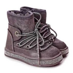 FR1 Bottes De Neige Enfant Grises Avec Cubic Zirconia Wellma