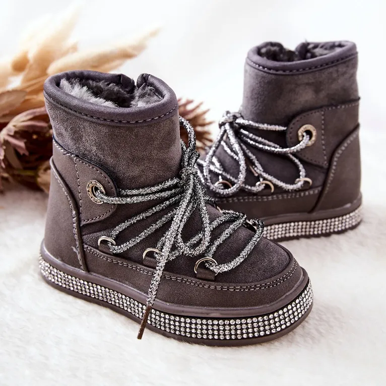 FR1 Bottes De Neige Enfant Grises Avec Cubic Zirconia Wellma