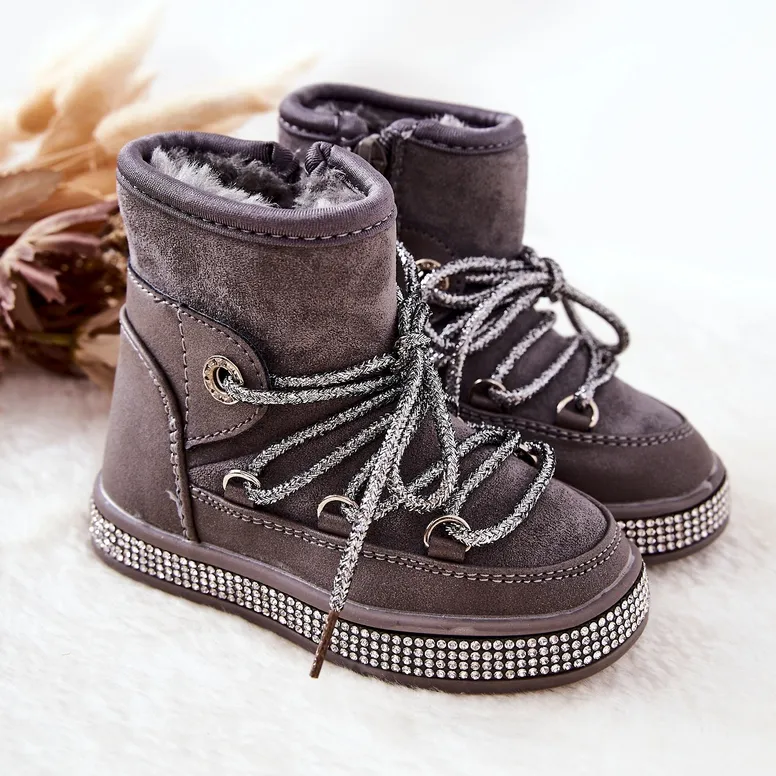 FR1 Bottes De Neige Enfant Grises Avec Cubic Zirconia Wellma