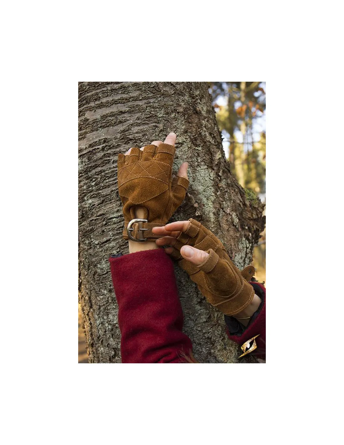 Gants celtiques en daim marron, fermeture à boucle ⚔️ Boutique Épées