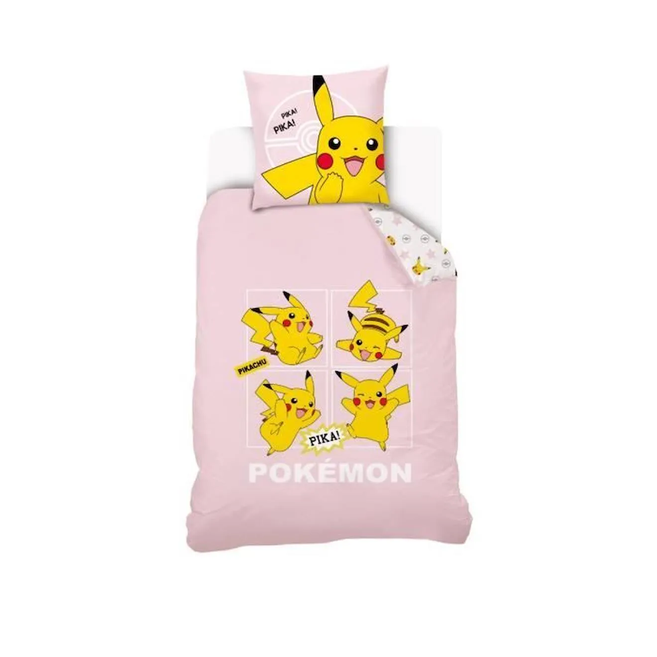 Housse De Couette Pikachu Pokémon 140x200 cm + 1 Taie d'oreiller 63x63 cm - 100% Coton - Rose Pale rose - Pokémon