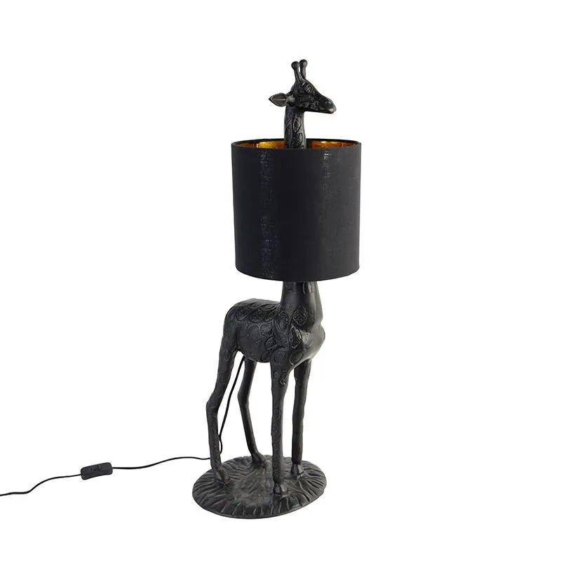 Lampadaire vintage noir avec abat-jour en tissu noir - Giraffe To