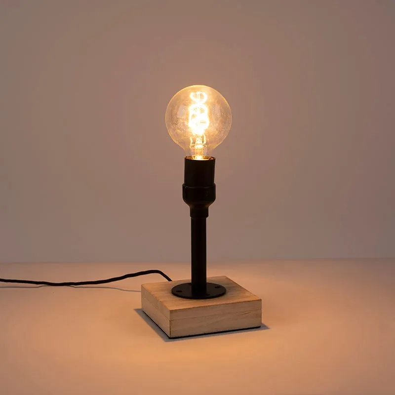 Lampe de table industrielle noire sans abat-jour 1 lumière avec base en bois - Tubs