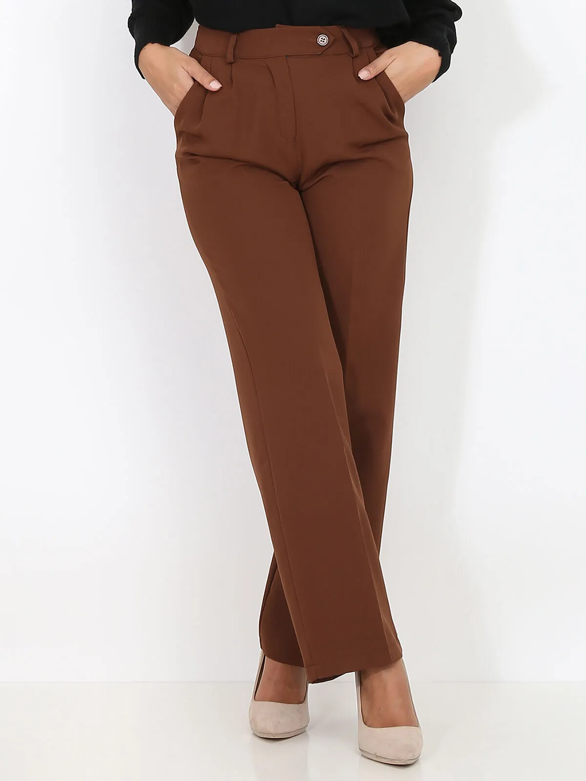Pantalon de costume large à plis- Marron
