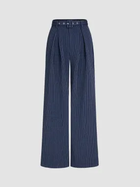 Pantalon droit à rayures taille moyenne avec ceinture