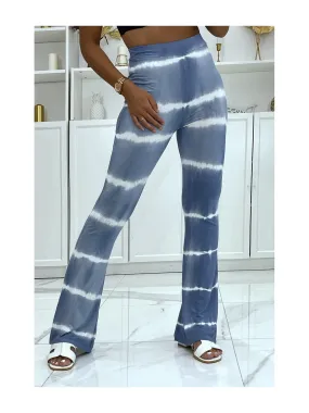 Pantalon moulant bleu patte déléphant effet tye and die bicolore élastique à la taille 