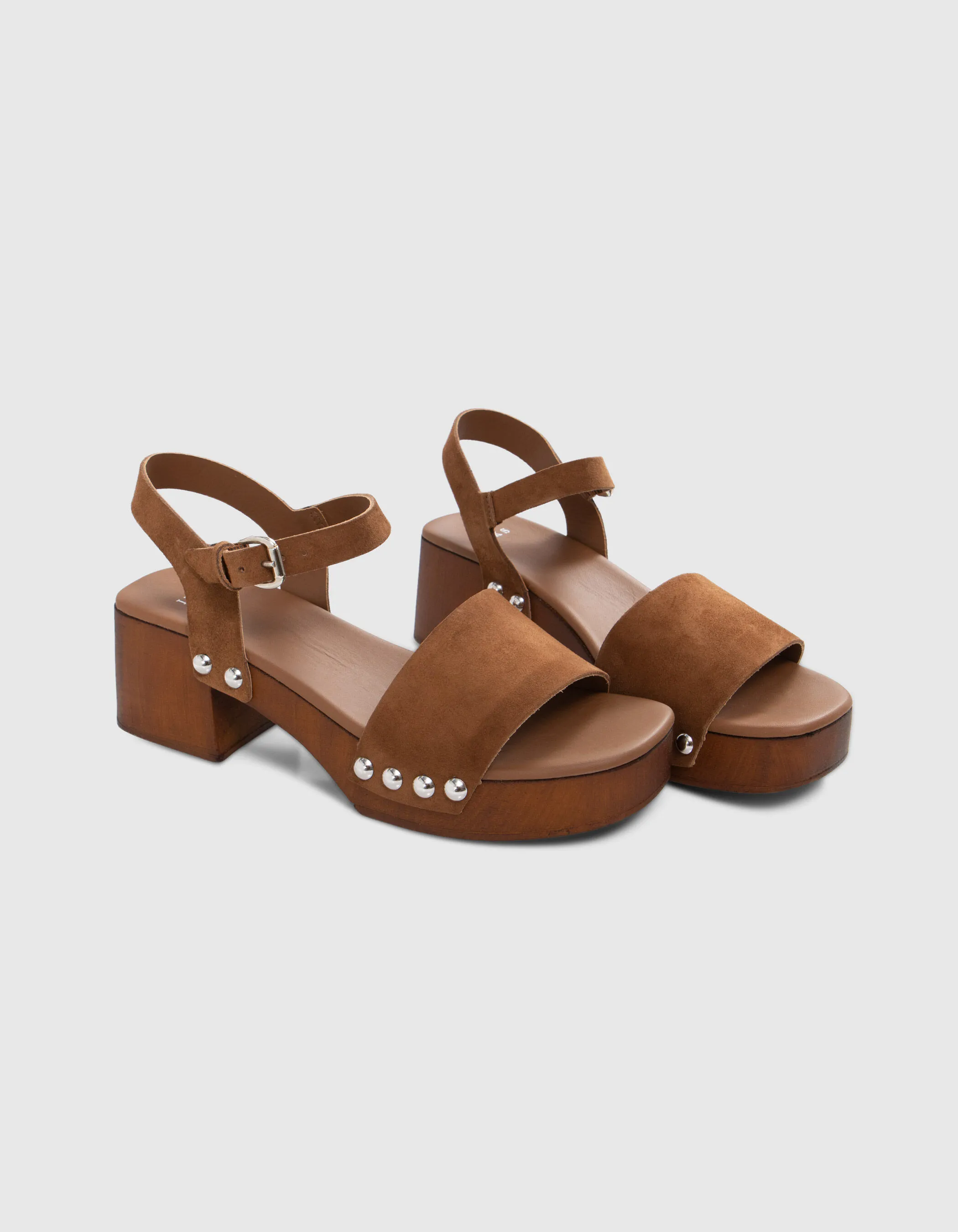 Sandales camel cuir velours à talon bois Femme