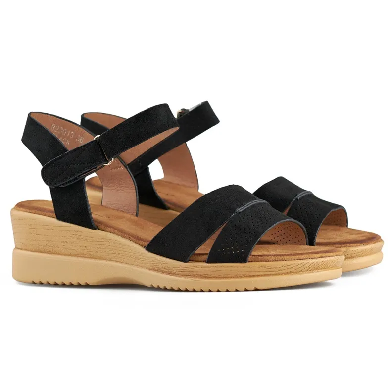 Sandales compensées en daim noir, sandales confortables pour femmes le noir