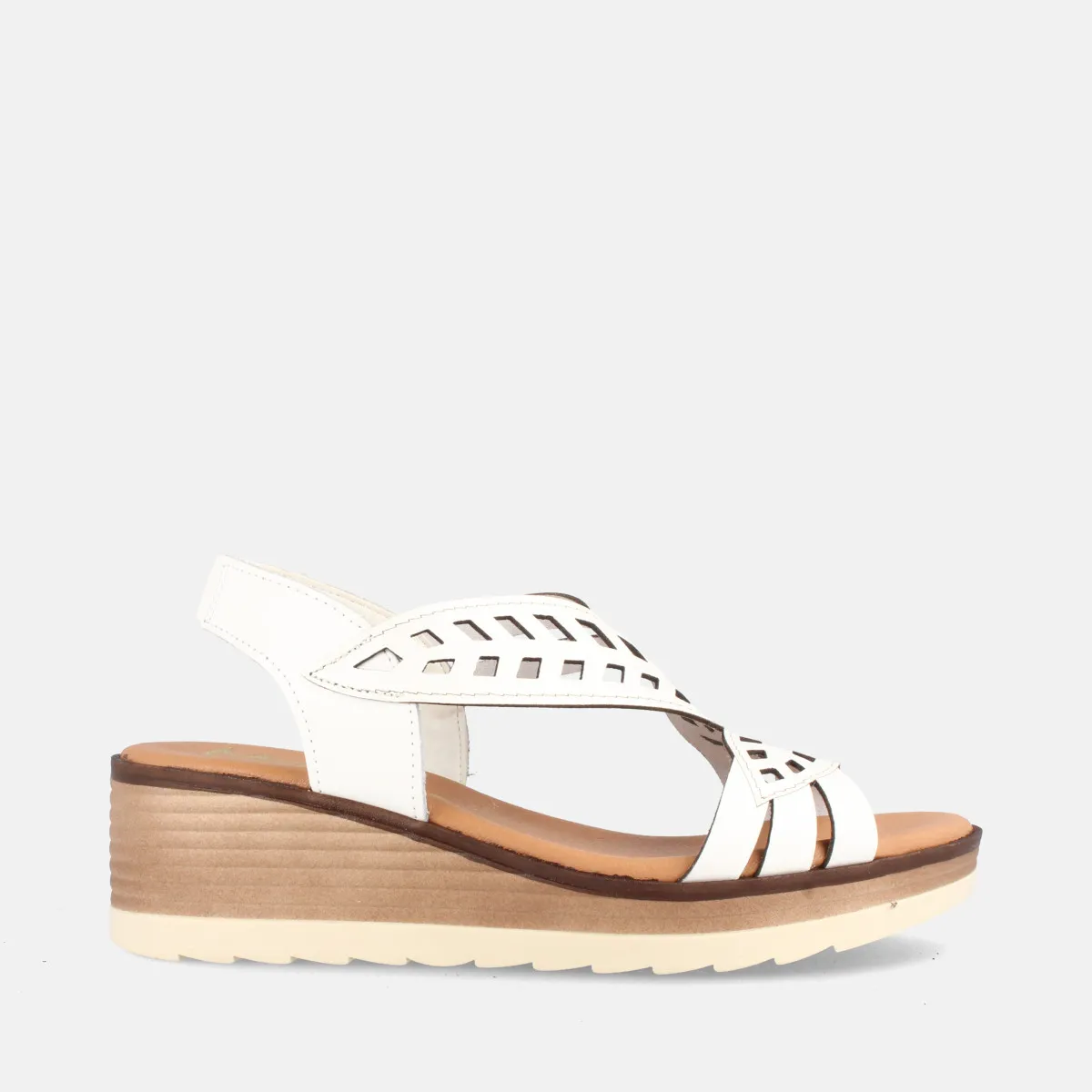 Sandales confortables compensées en cuir brides feuilles - Blanc