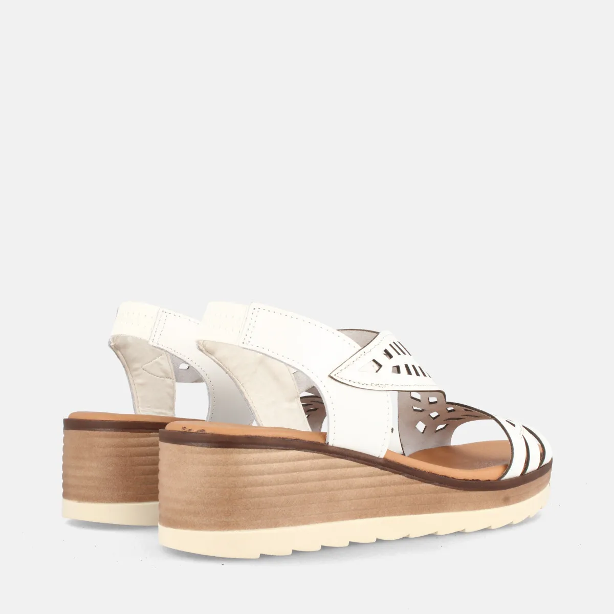 Sandales confortables compensées en cuir brides feuilles - Blanc