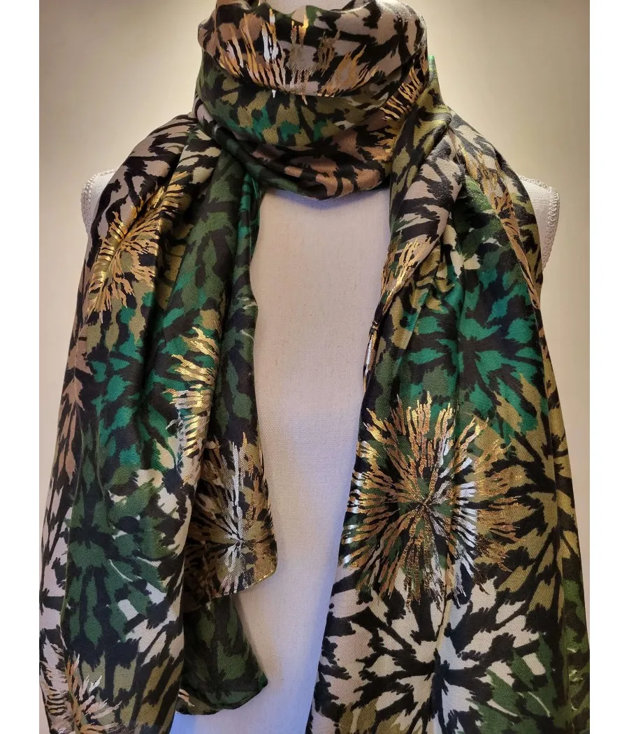 SANTAIA FOULARD CHIC CHAUD FETE BOUQUET FLEURS TAUPE VERT VIF KAKI OR
