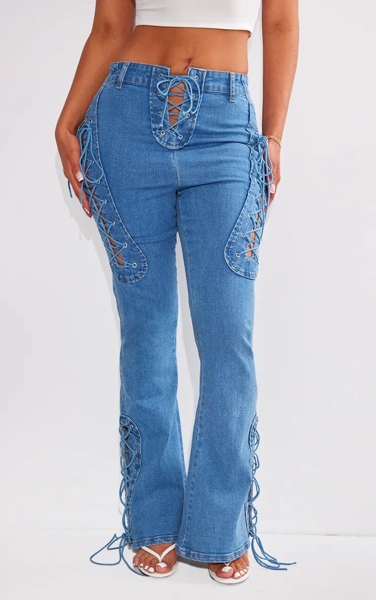 Shape Indigo Blue Wash Stretch Denim Lace Up Flare Jeans