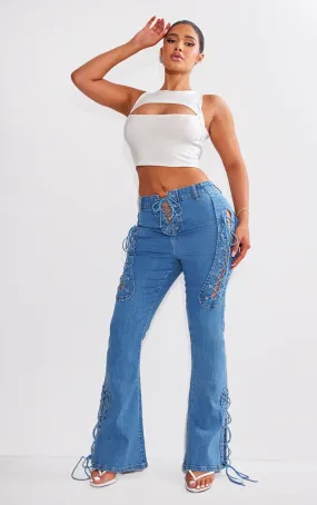 Shape Indigo Blue Wash Stretch Denim Lace Up Flare Jeans