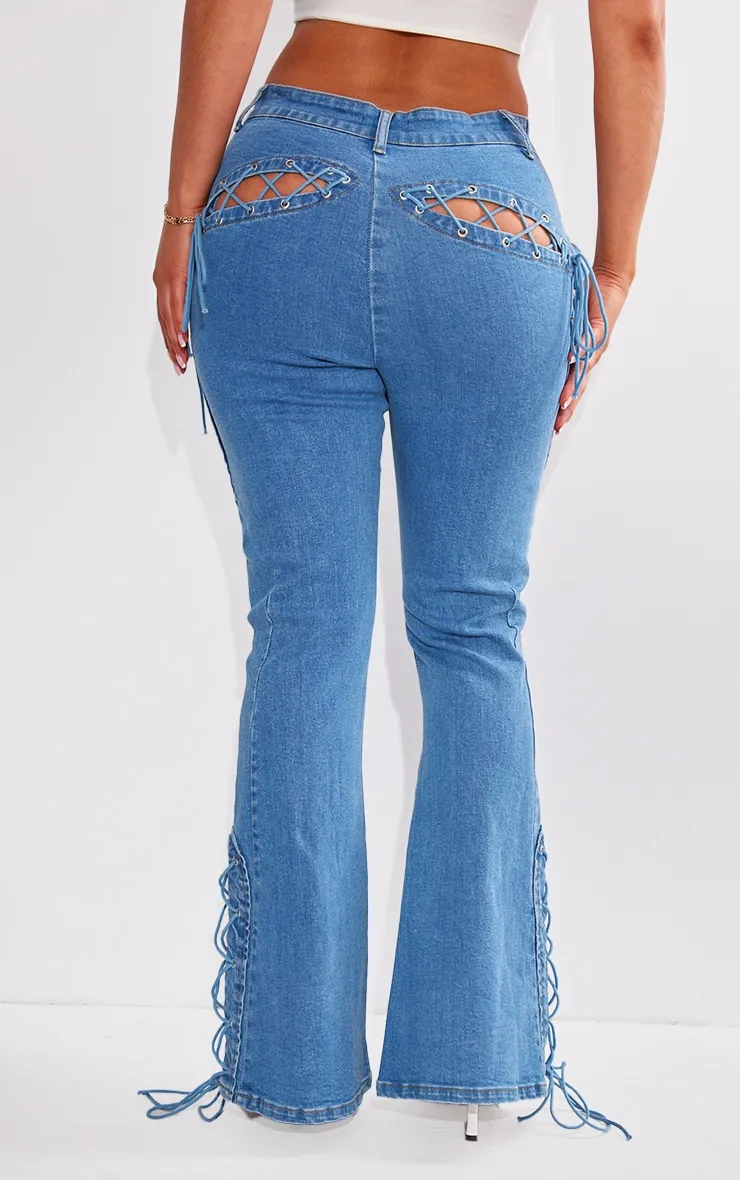 Shape Indigo Blue Wash Stretch Denim Lace Up Flare Jeans