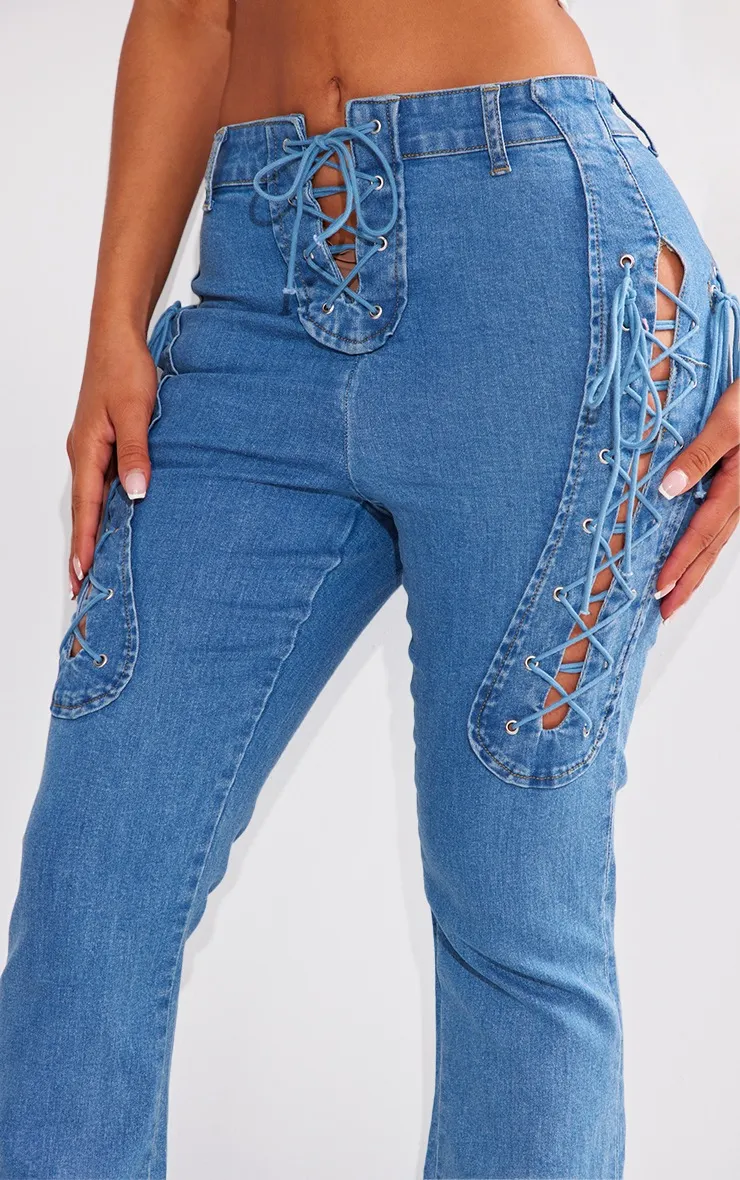 Shape Indigo Blue Wash Stretch Denim Lace Up Flare Jeans