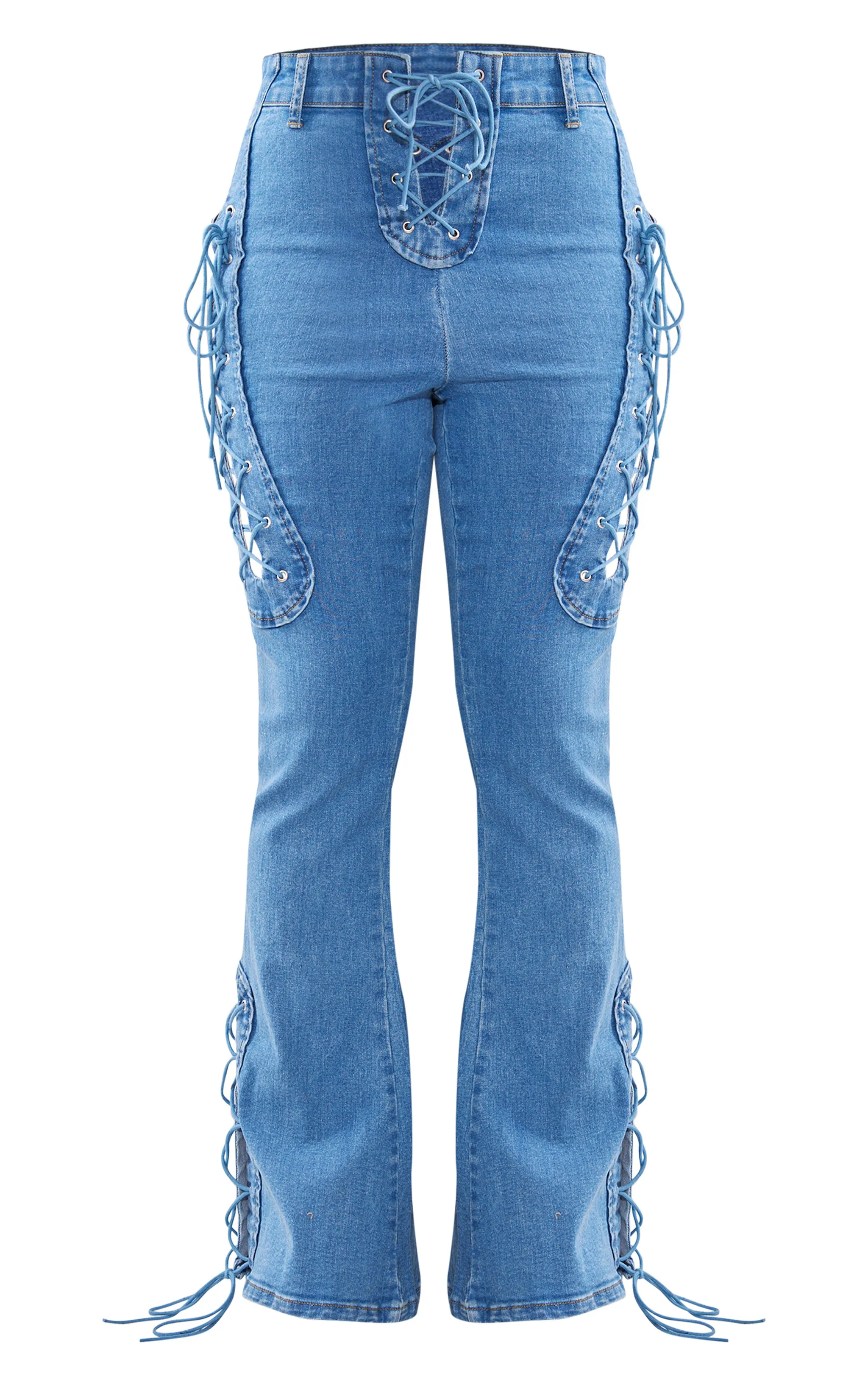 Shape Indigo Blue Wash Stretch Denim Lace Up Flare Jeans