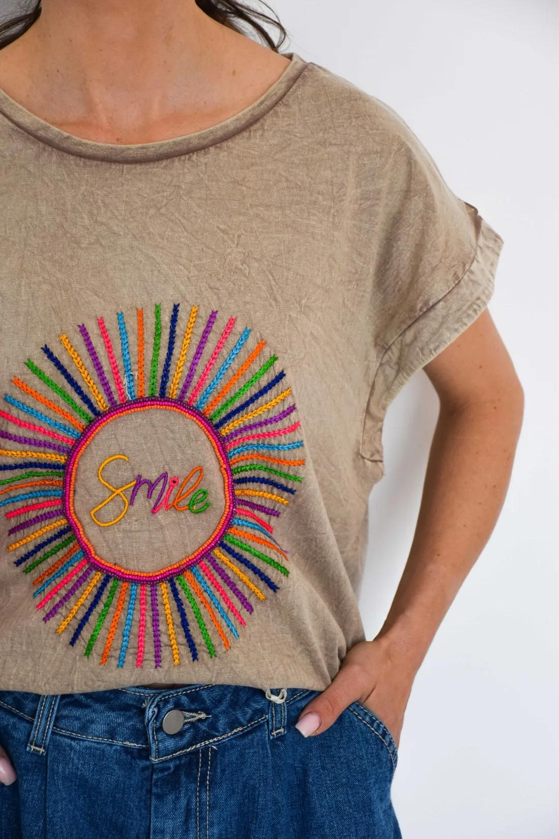 T-Shirt Beige Smile Brodé SUNSET
