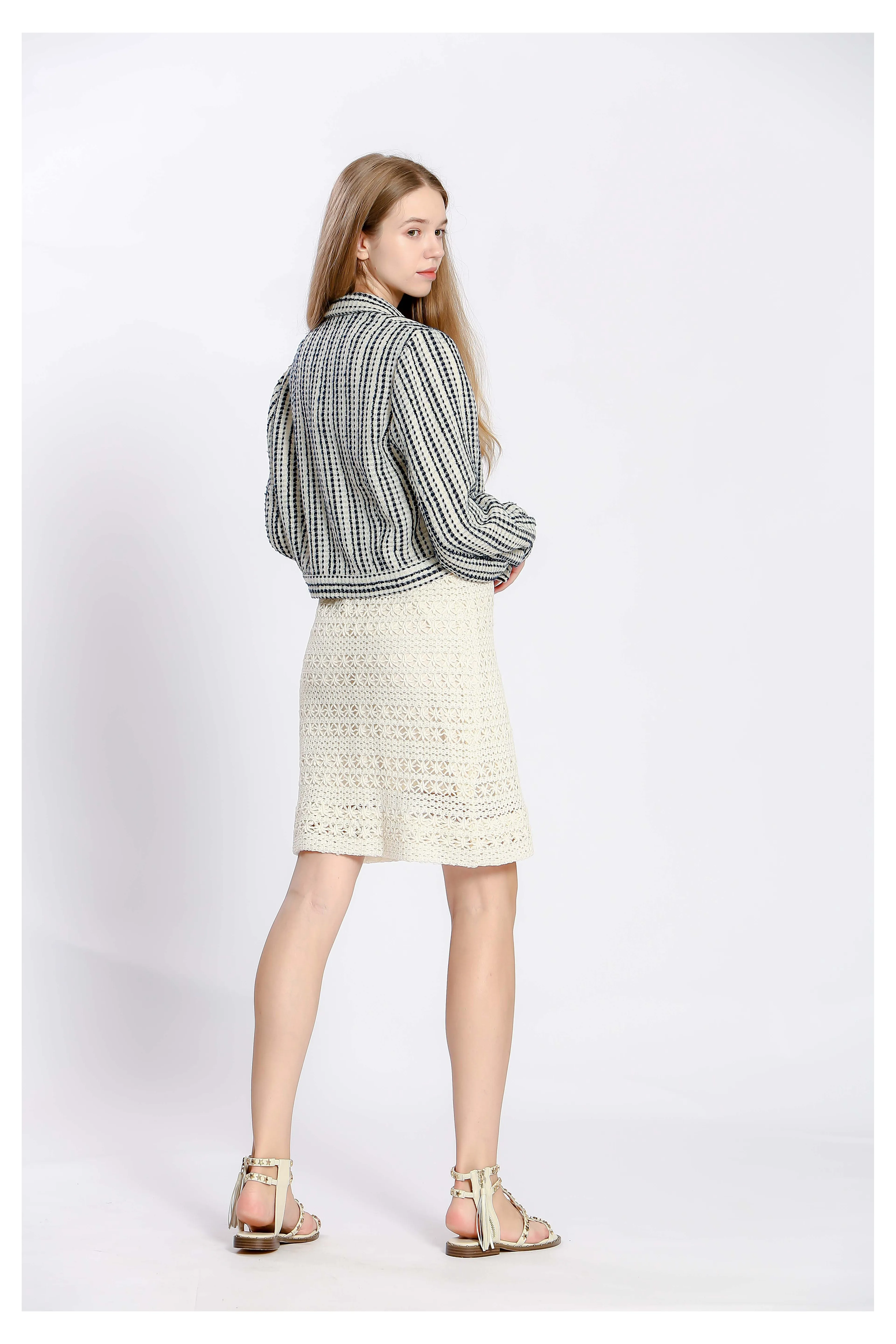 Veste courte jacquard ceinture à nouer