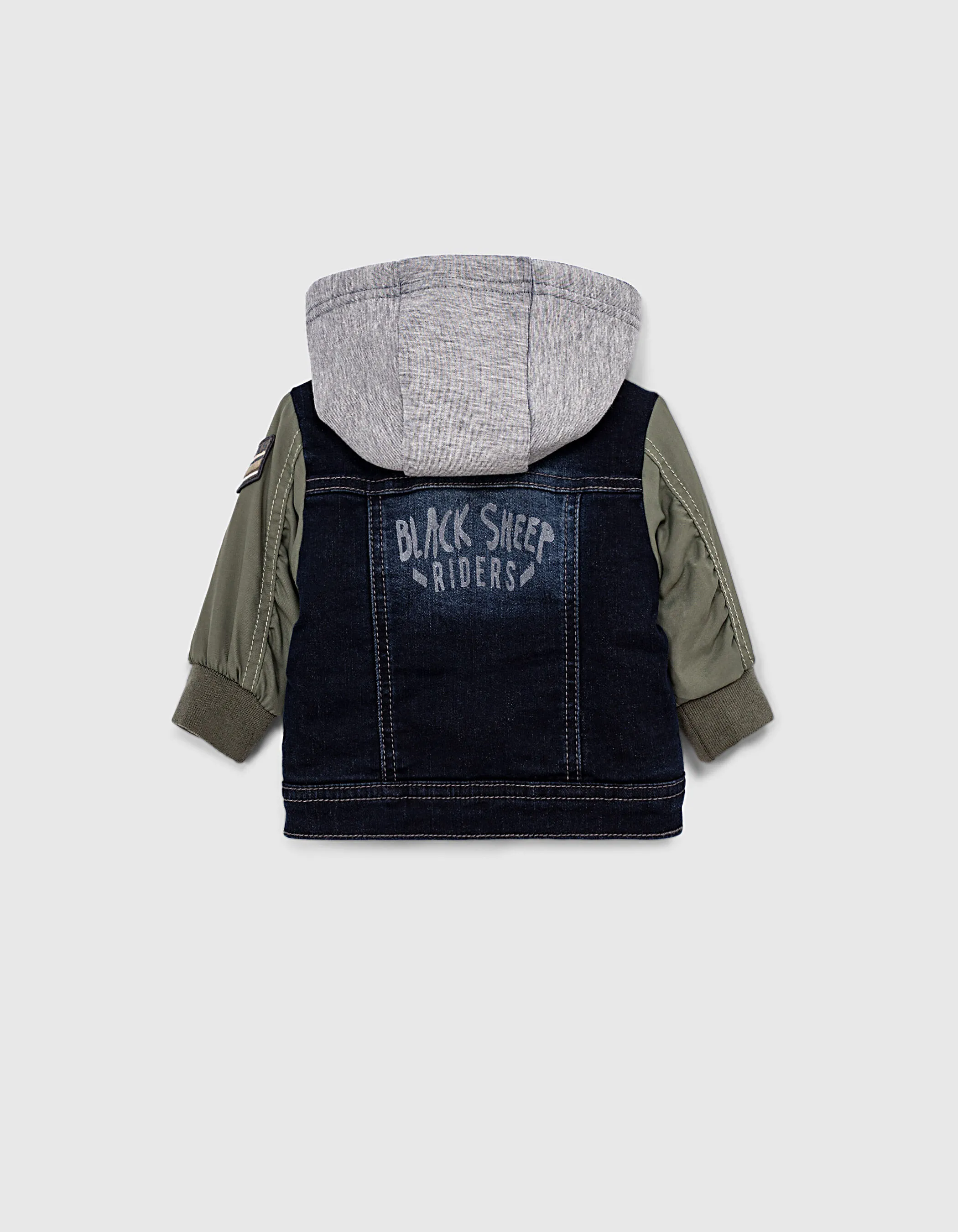 Veste en jean rinse à manches nylon et capuche bébé garçon